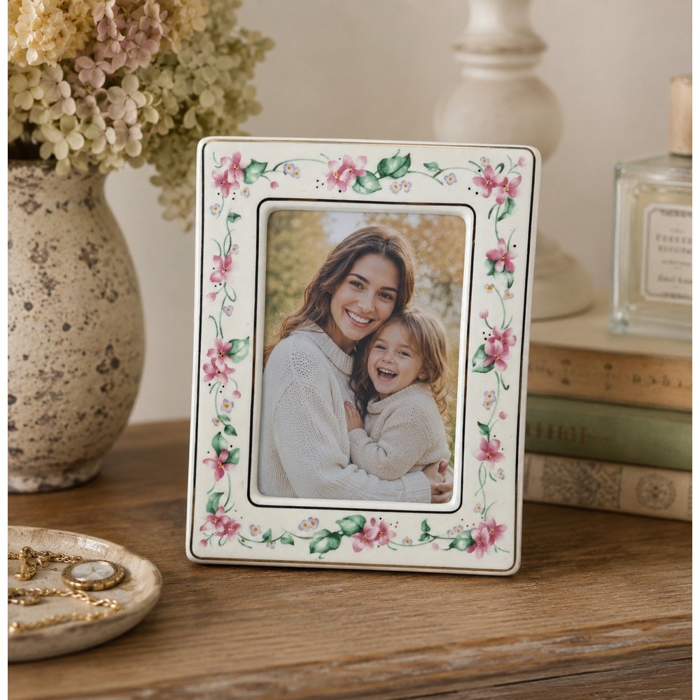 Unbranded Ceramic Picture Frame White Pink Floral Gold Trim 3.5x5.5 Window
